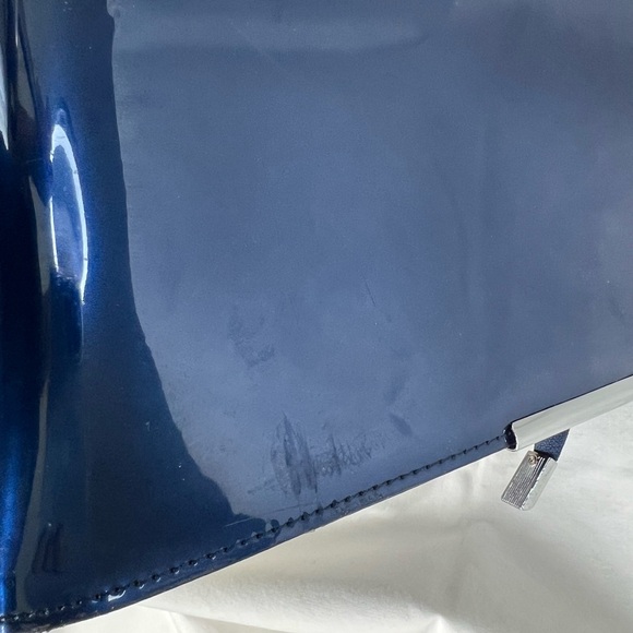 MG COLLECTION “MATANA” High Gloss Blue Faux Patent Leather Evening Satchel - Picture 9 of 11